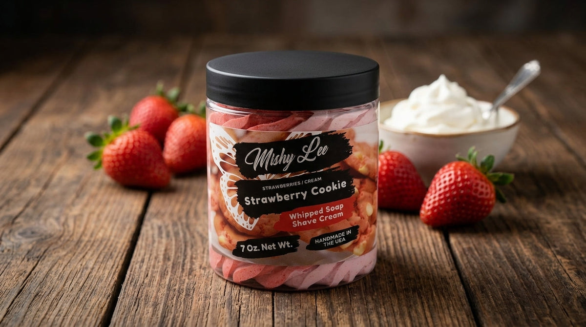 Whipped soap and shave cream jar with black label and pink strawberry swirl