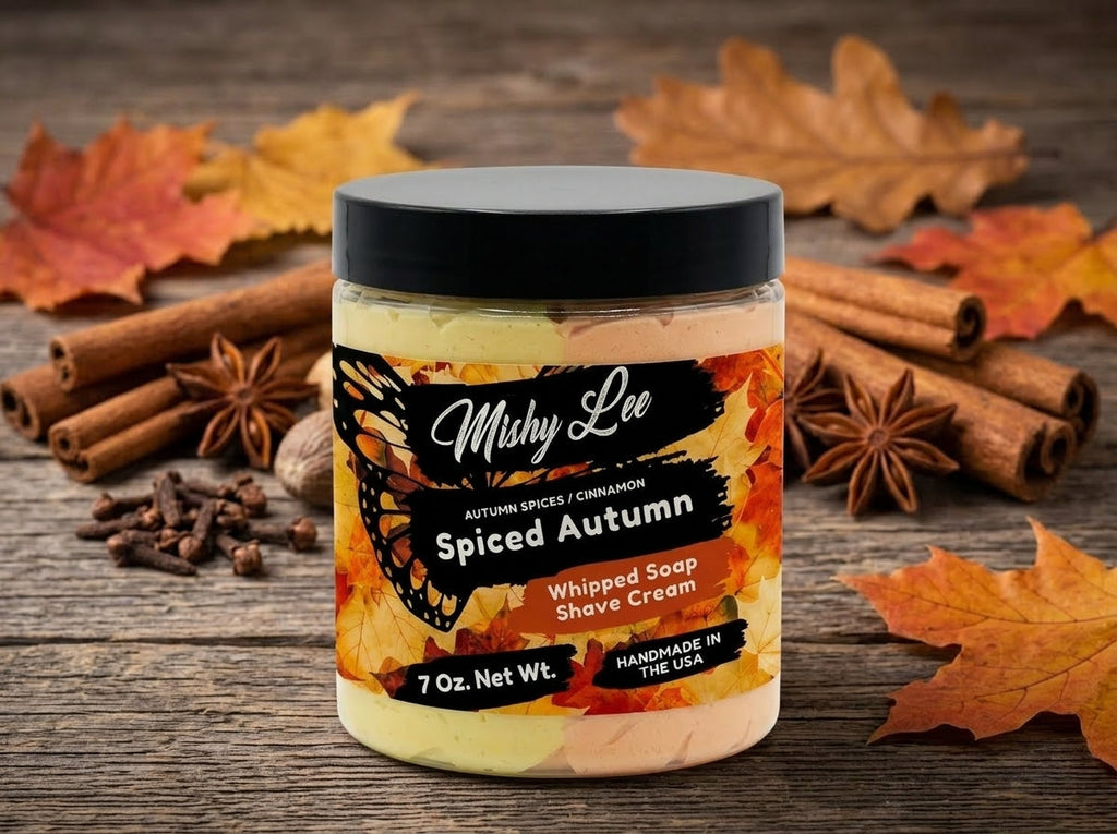 Whipped soap and shave cream jar with black lid and autumn leaf label
