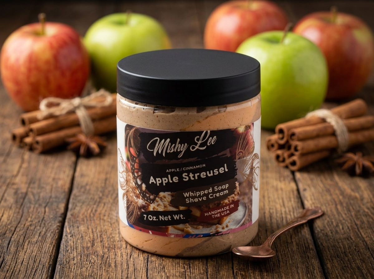 Whipped soap and shave cream jar with black lid and beige apple streusel label