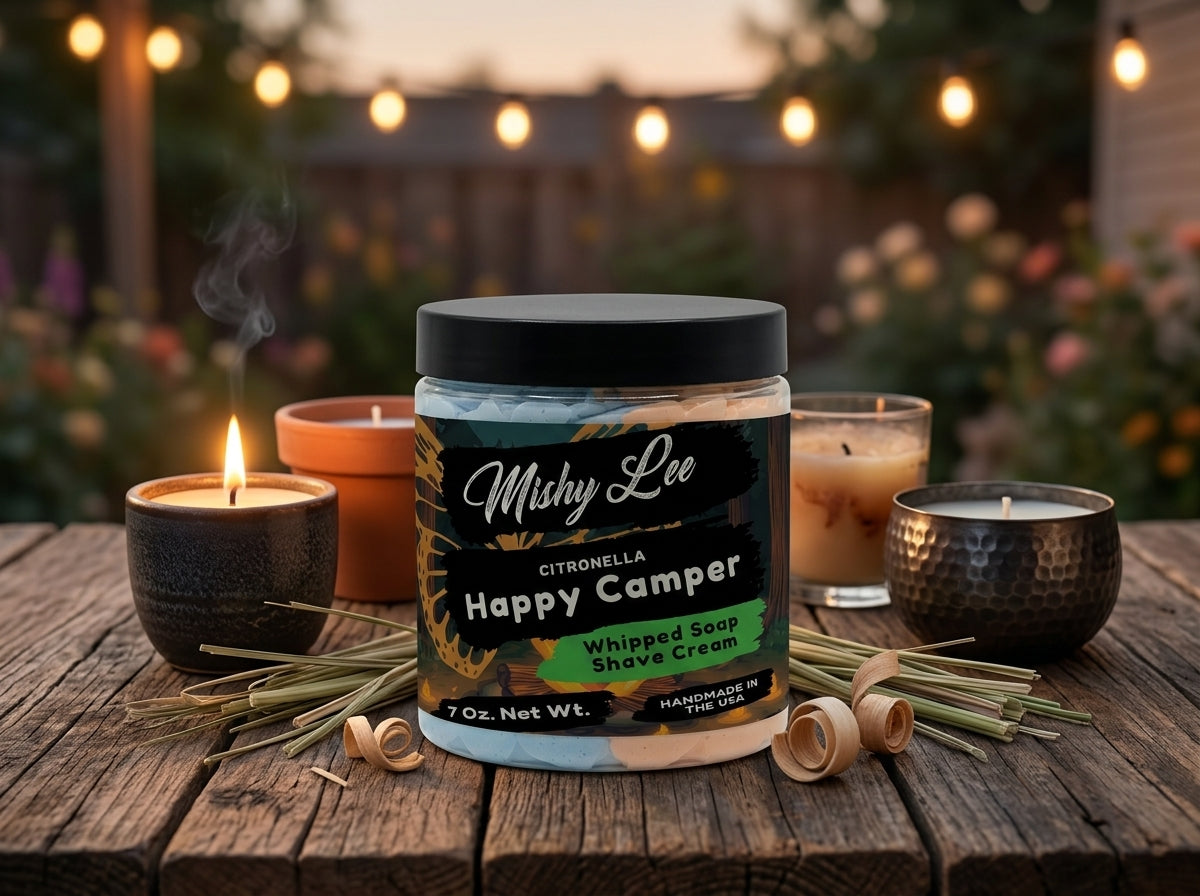 Happy Camper whipped soap and shave cream jar with blue and peach swirled top