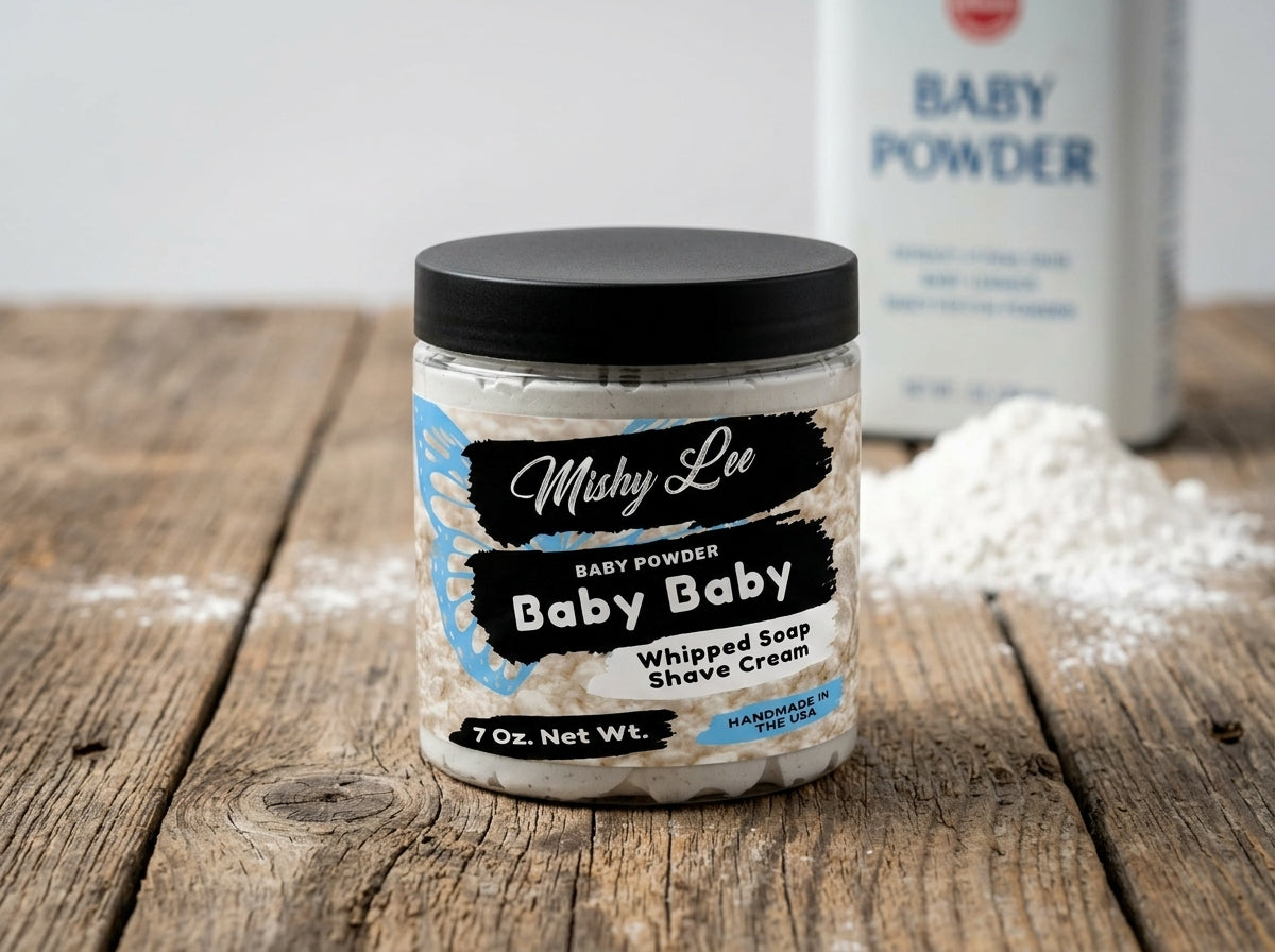Baby whipped soap and shave cream jar on wood surface, black and blue Baby Baby label