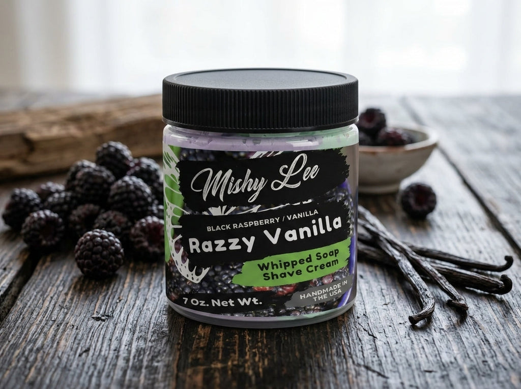 Whipped soap and shave cream jar with black raspberry and vanilla label, purple and mint top