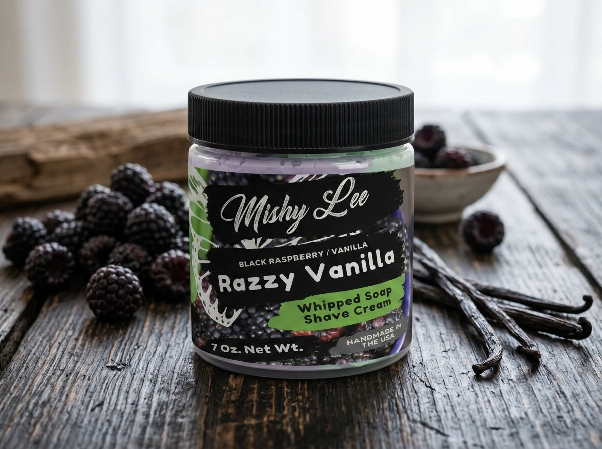 Whipped soap and shave cream jar with black raspberry and vanilla label, purple and mint top