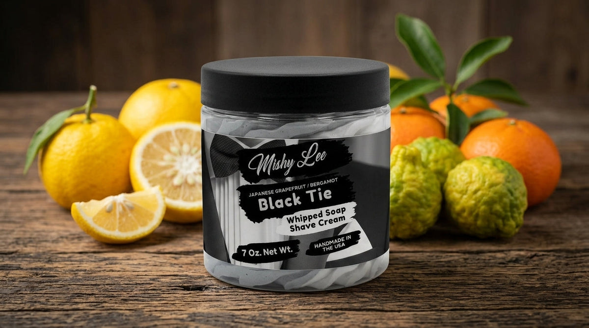 Whipped soap and shave cream jar with gray whipped foam swirls, Black Tie label