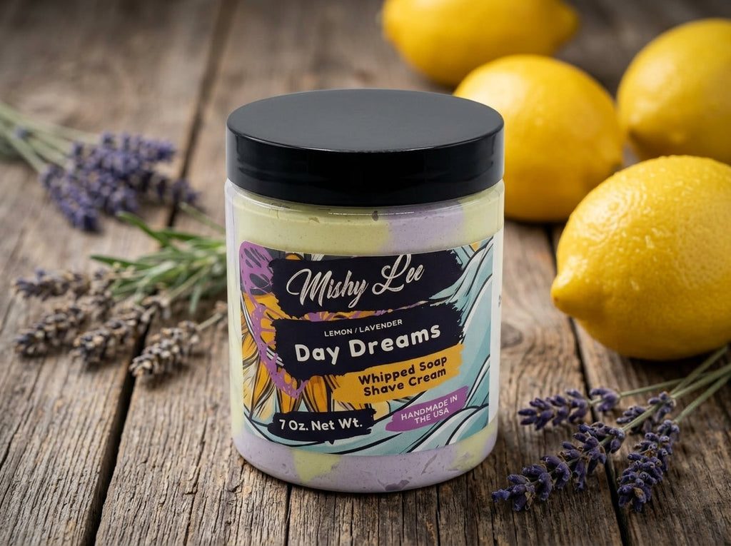 Day Dreams whipped soap and shave cream jar with black lid and purple-yellow swirls