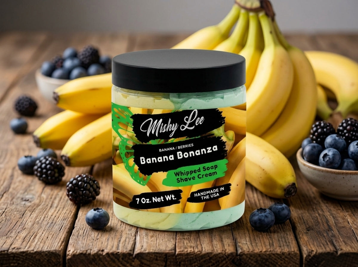 Whipped soap and shave cream jar on wood with bananas and berries; black lid