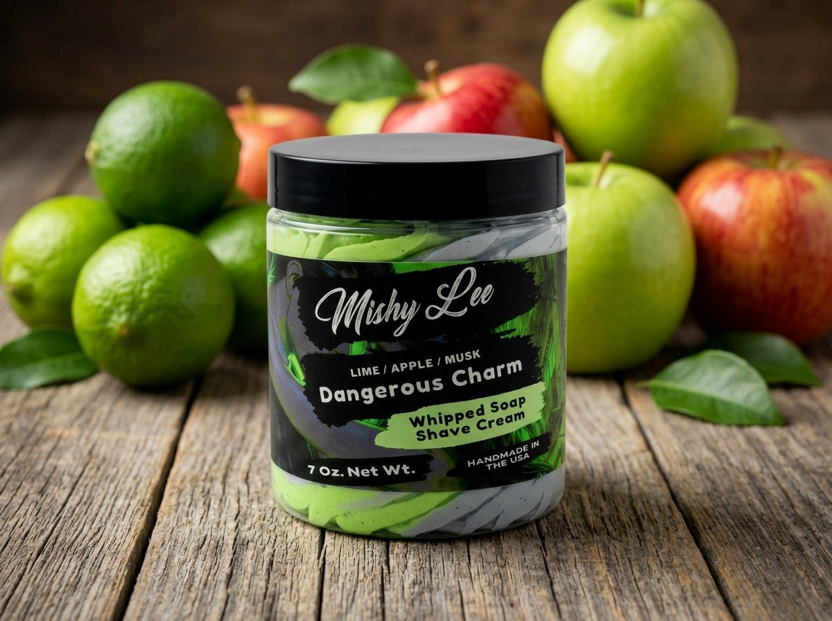 Whipped soap and shave cream jar on wooden surface, lime and gray whipped texture