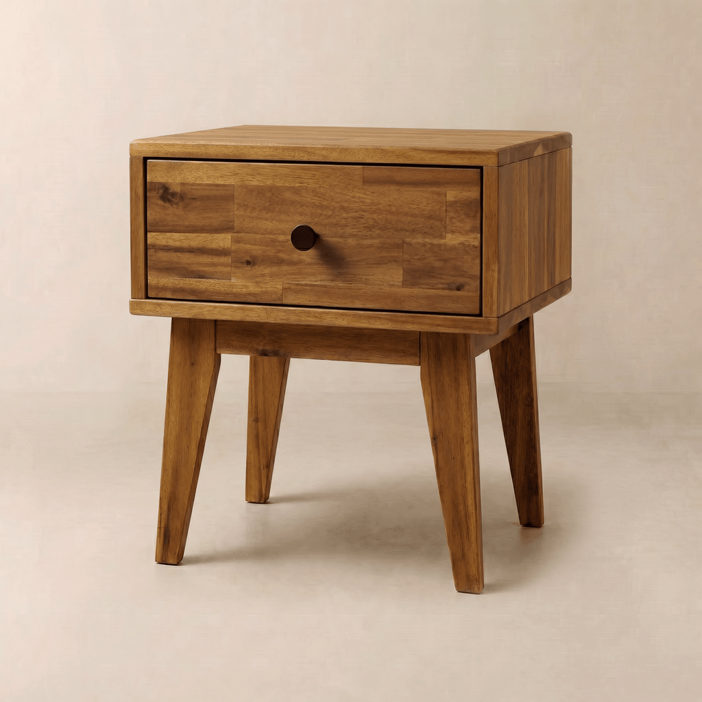 Walnut wood nightstand with one drawer and round black knob, tapered legs