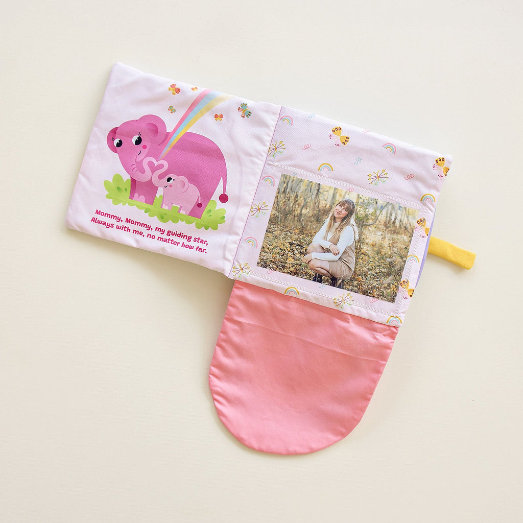 Pink cloth photo-pocket storybook album with elephant art and photo window