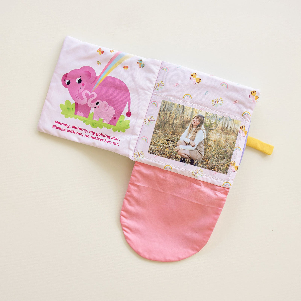 Pink cloth photo-pocket storybook album with elephant art and photo window
