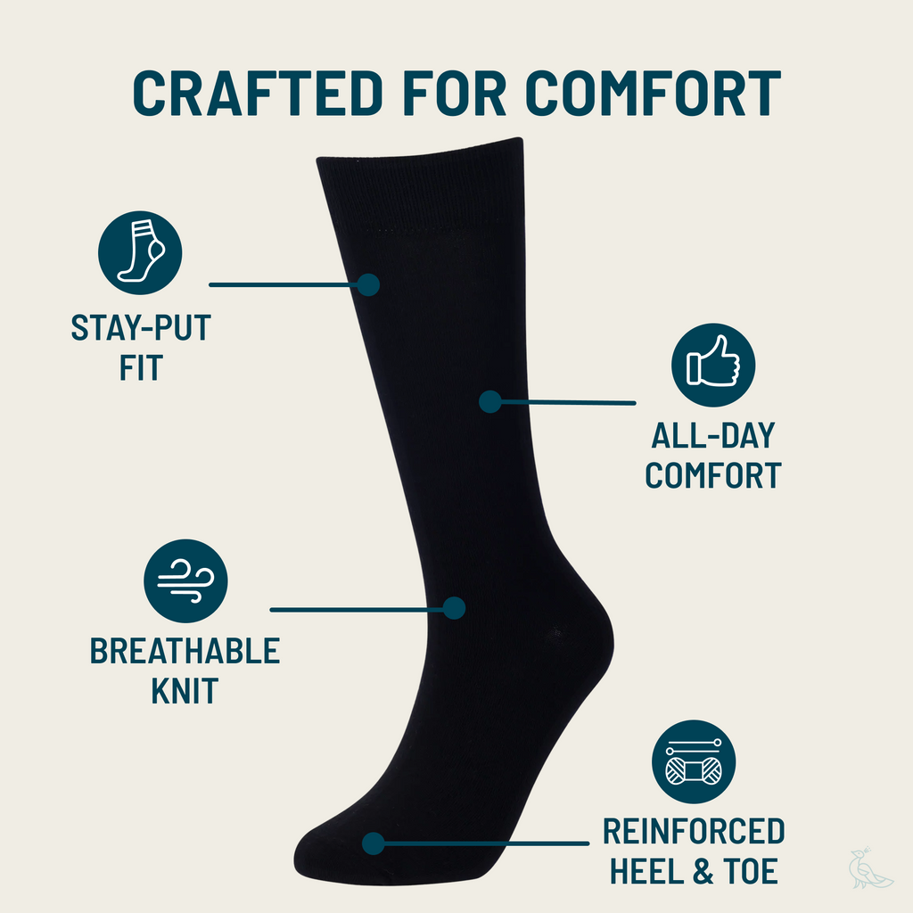 Infographic highlighting comfort features for socks: stay-put fit, breathable knit, and reinforced heel/toe
