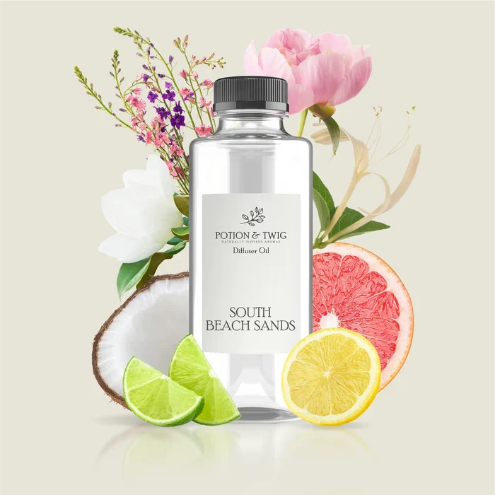 Aroma diffuser oil bottle with black cap and South Beach Sands label