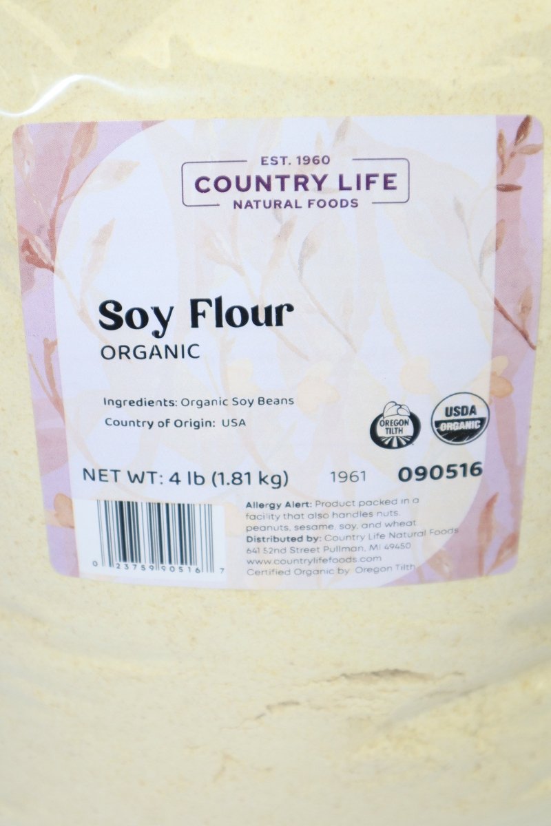 Organic soy flour pouch label with USDA seal and net wt 4 lb