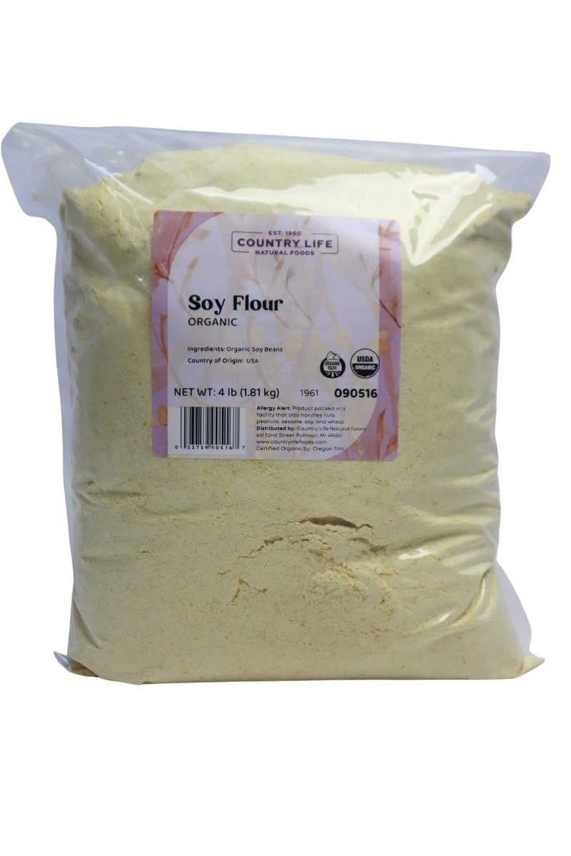 Organic full-fat soy flour bag with Country Life label, 4 lb net weight