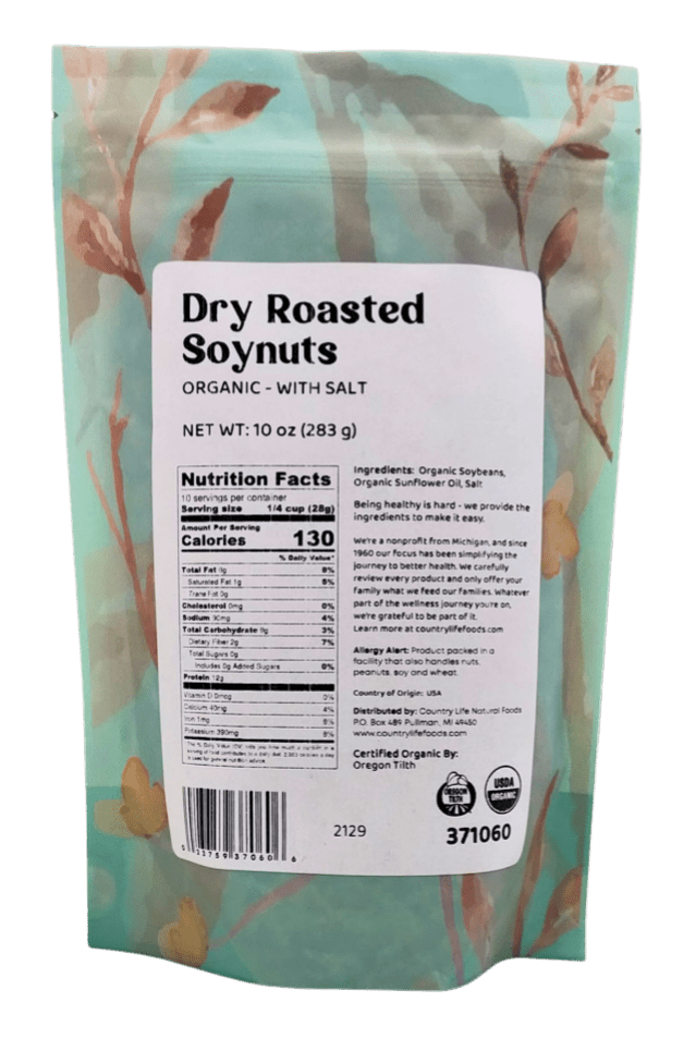 Dry roasted soy nuts package back with nutrition facts panel