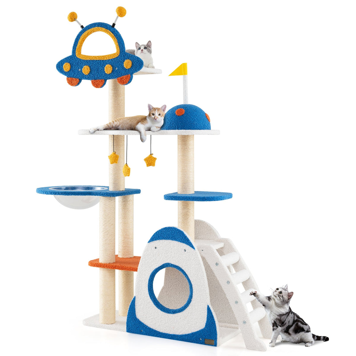Space-themed multi-level cat tree featuring UFO top perch, blue platforms, and sisal posts