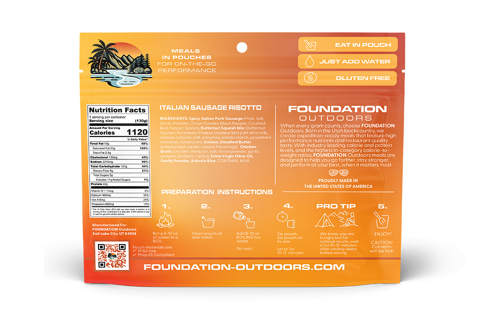 Italian sausage risotto meal pouch showing Nutrition Facts and prep icons