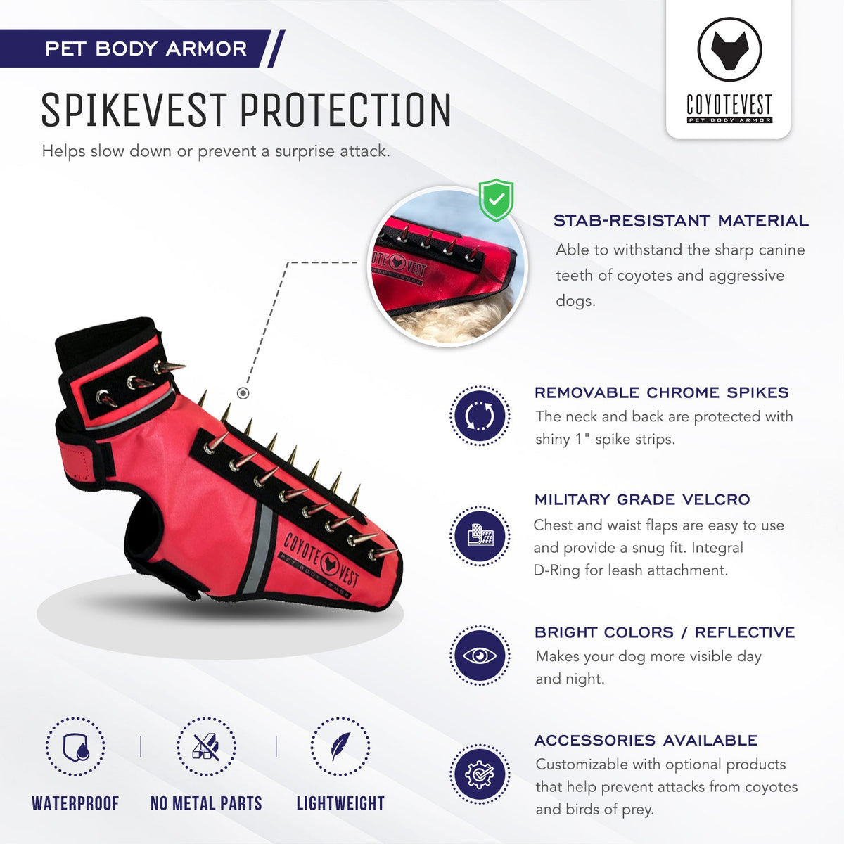 Red dog spike protection vest with chrome spikes, velcro closure, and spiked back detail