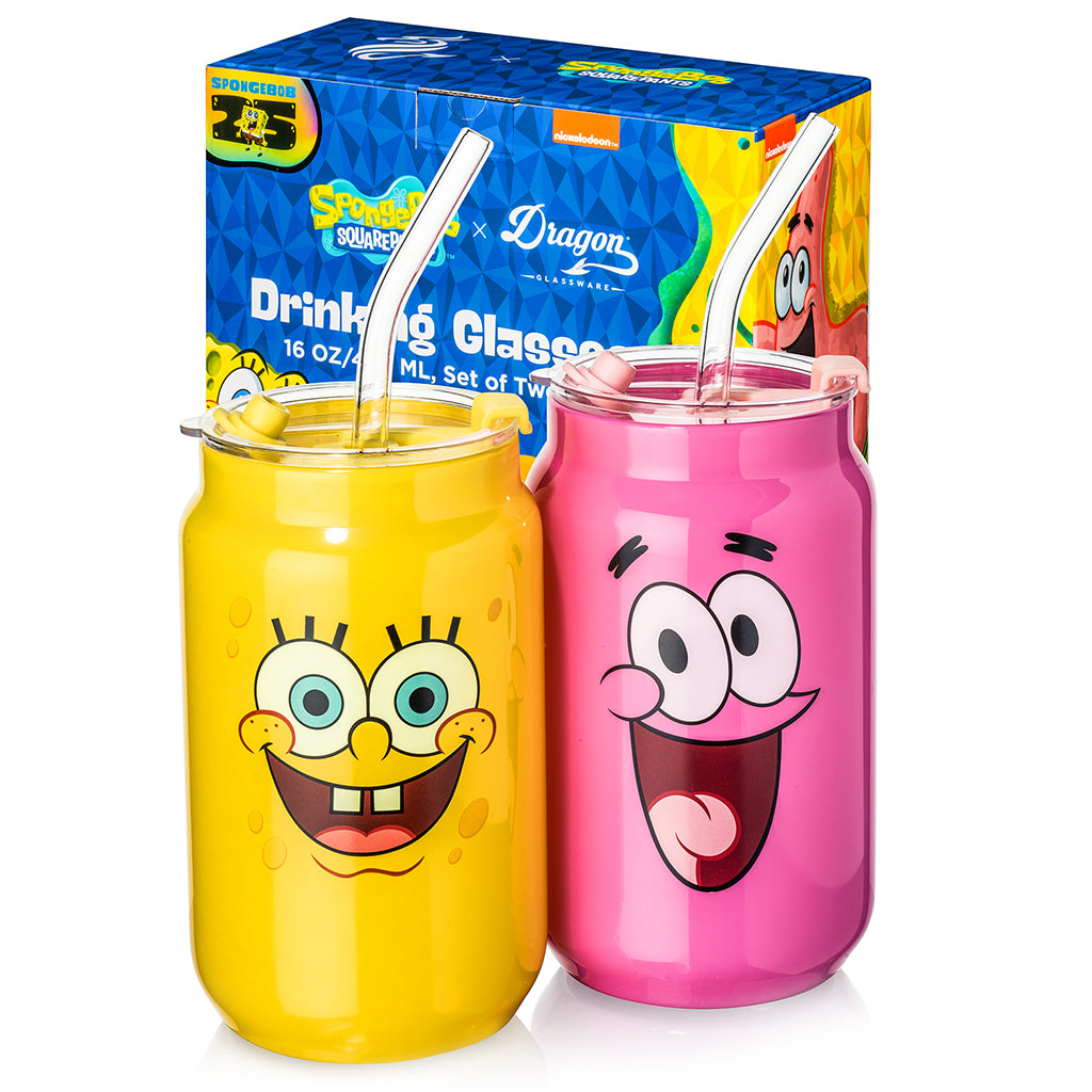 Two character drink glasses: yellow SpongeBob and pink Patrick with clear straws