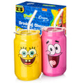 Two character drink glasses: yellow SpongeBob and pink Patrick with clear straws