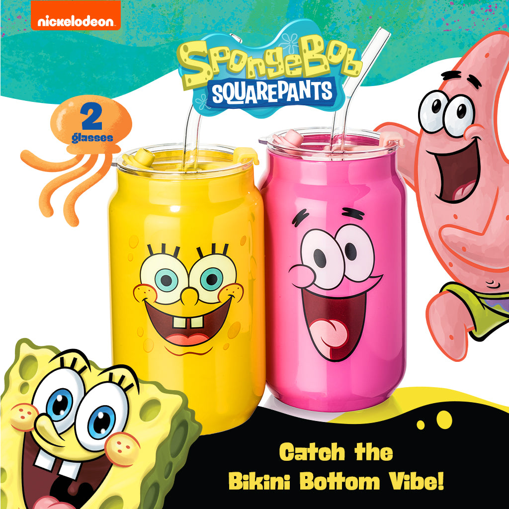 Pair of character drink glasses with clear straws: yellow SpongeBob and pink Patrick