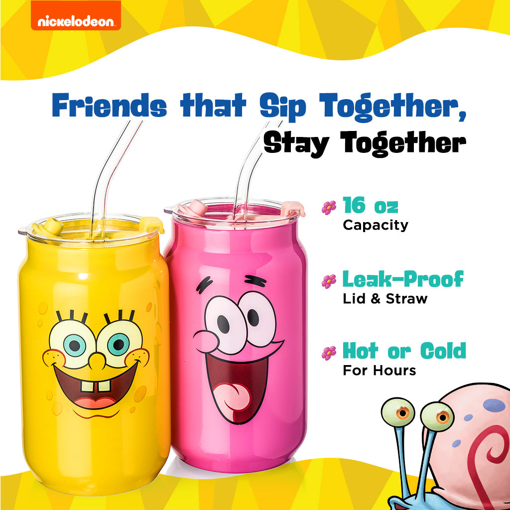 Pair of character drink glasses, yellow SpongeBob and pink Patrick, each with clear straw