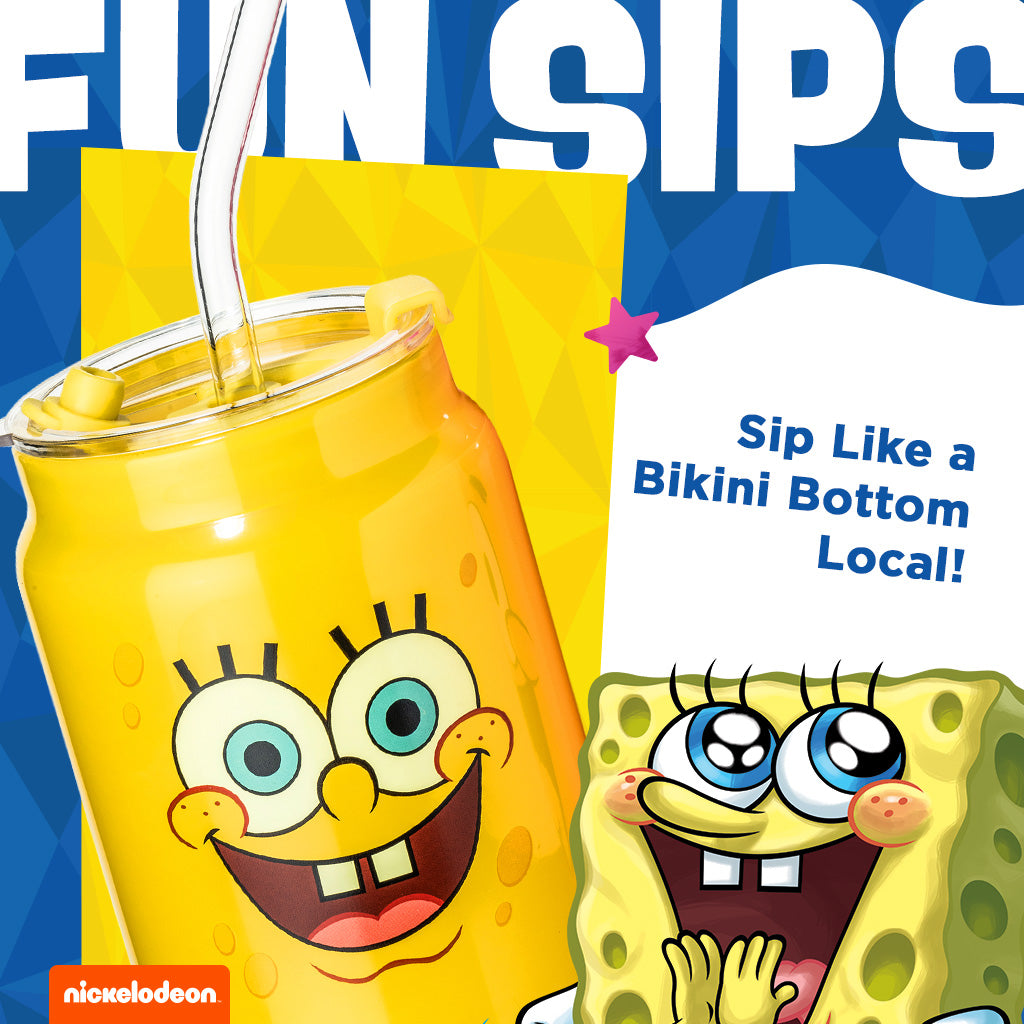 Yellow SpongeBob character drink glass with clear straw and straw lid