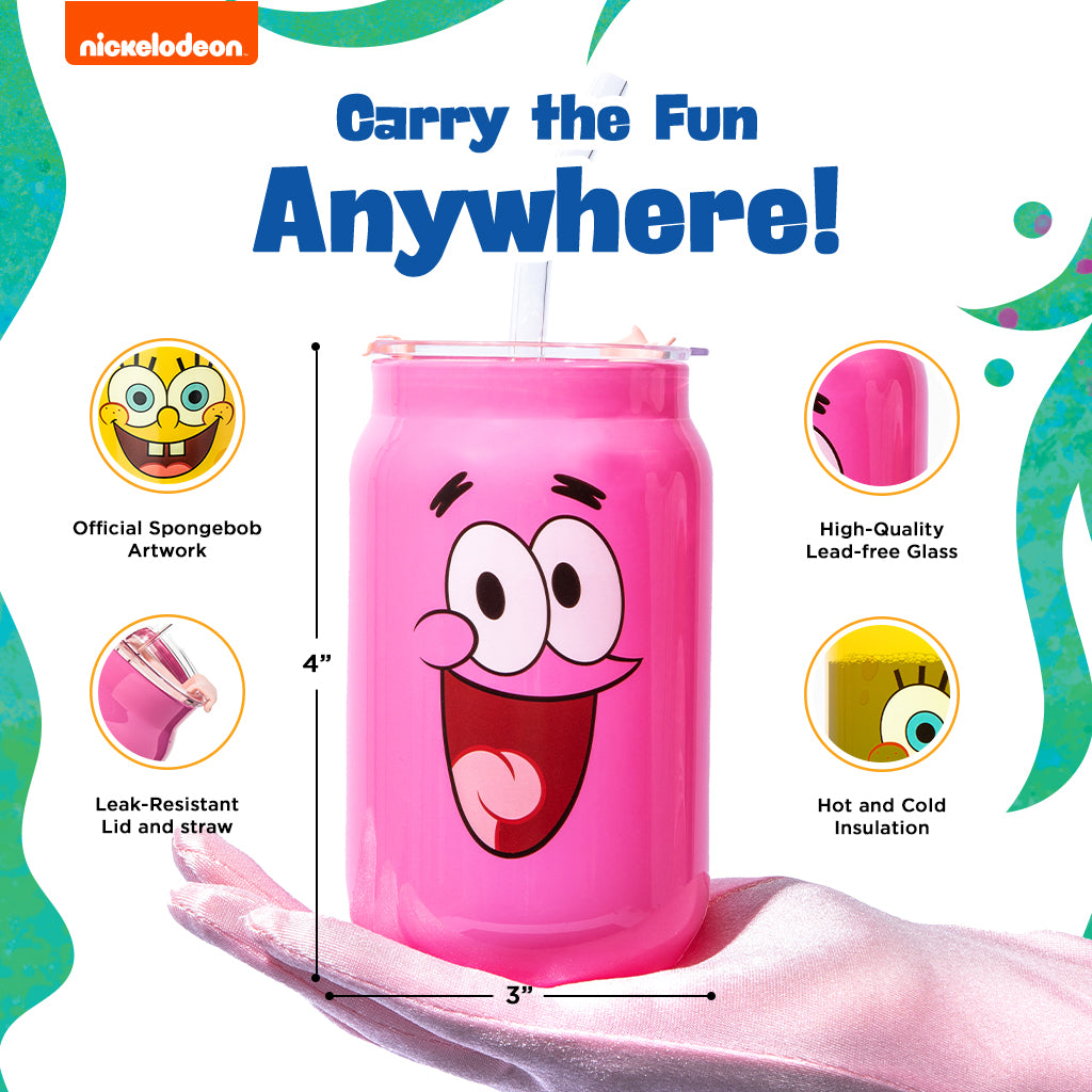 Pink Patrick character drink glass with clear straw and leak-resistant lid