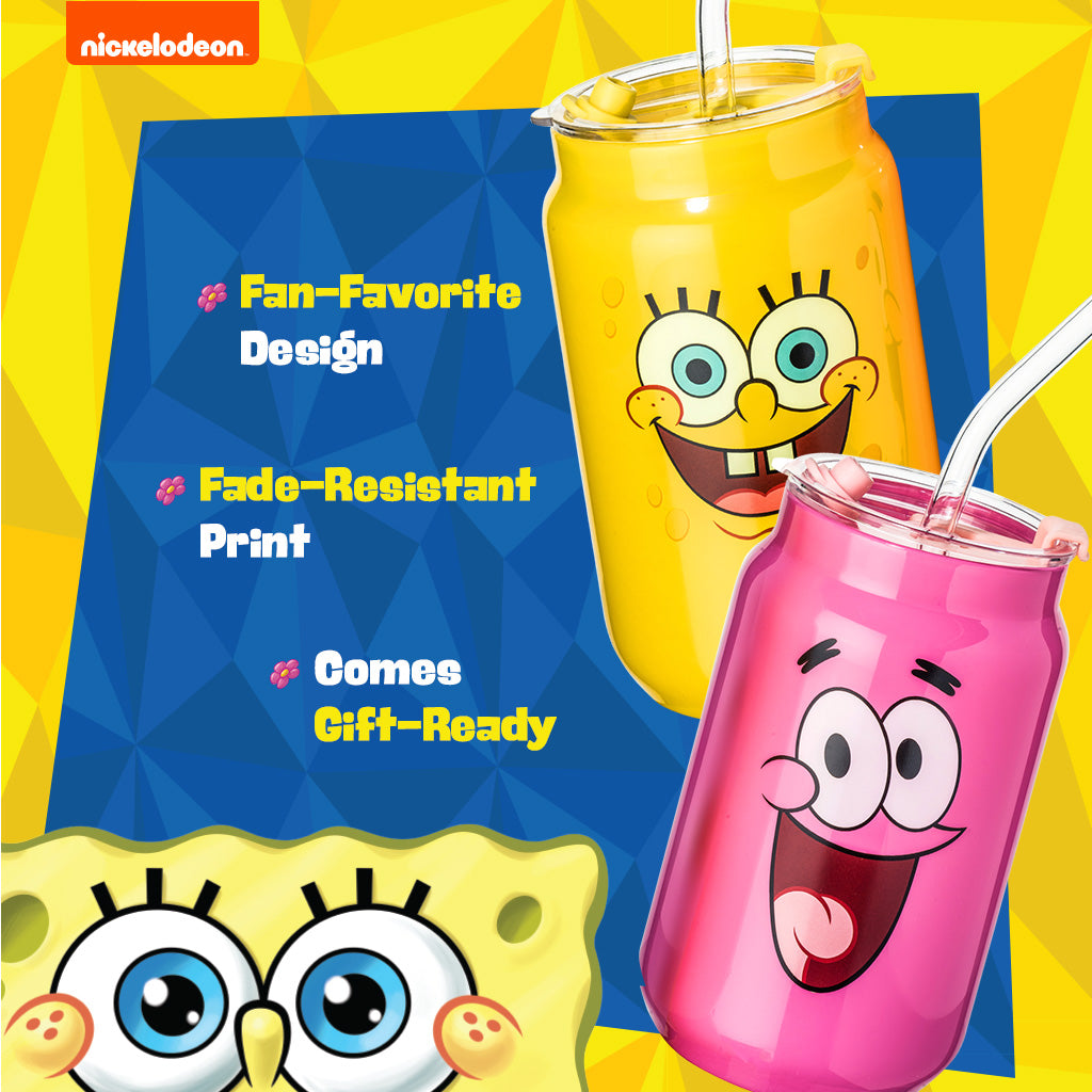 Two character drink glasses: yellow SpongeBob and pink Patrick with clear straws