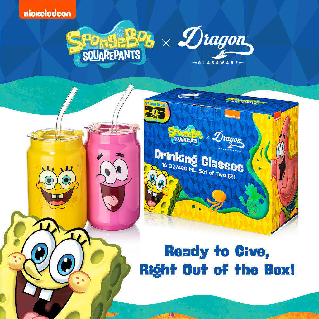 Boxed set of SpongeBob and Patrick character drink glasses with two clear straws