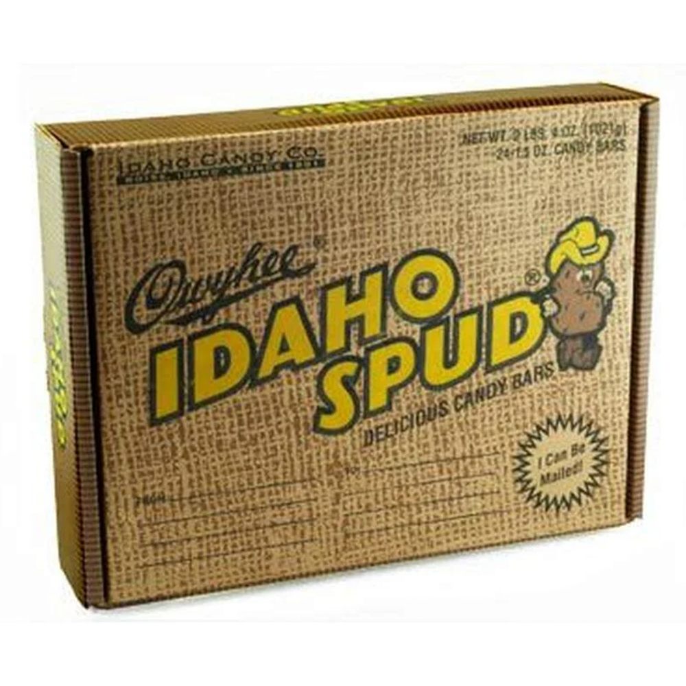 Candy gift box with Idaho spud branding and decorative grain texture