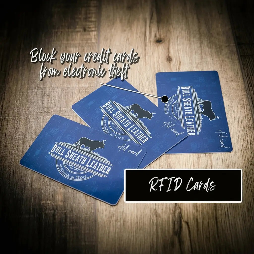 RFID cards shown with Bull Sheath Leather card designs