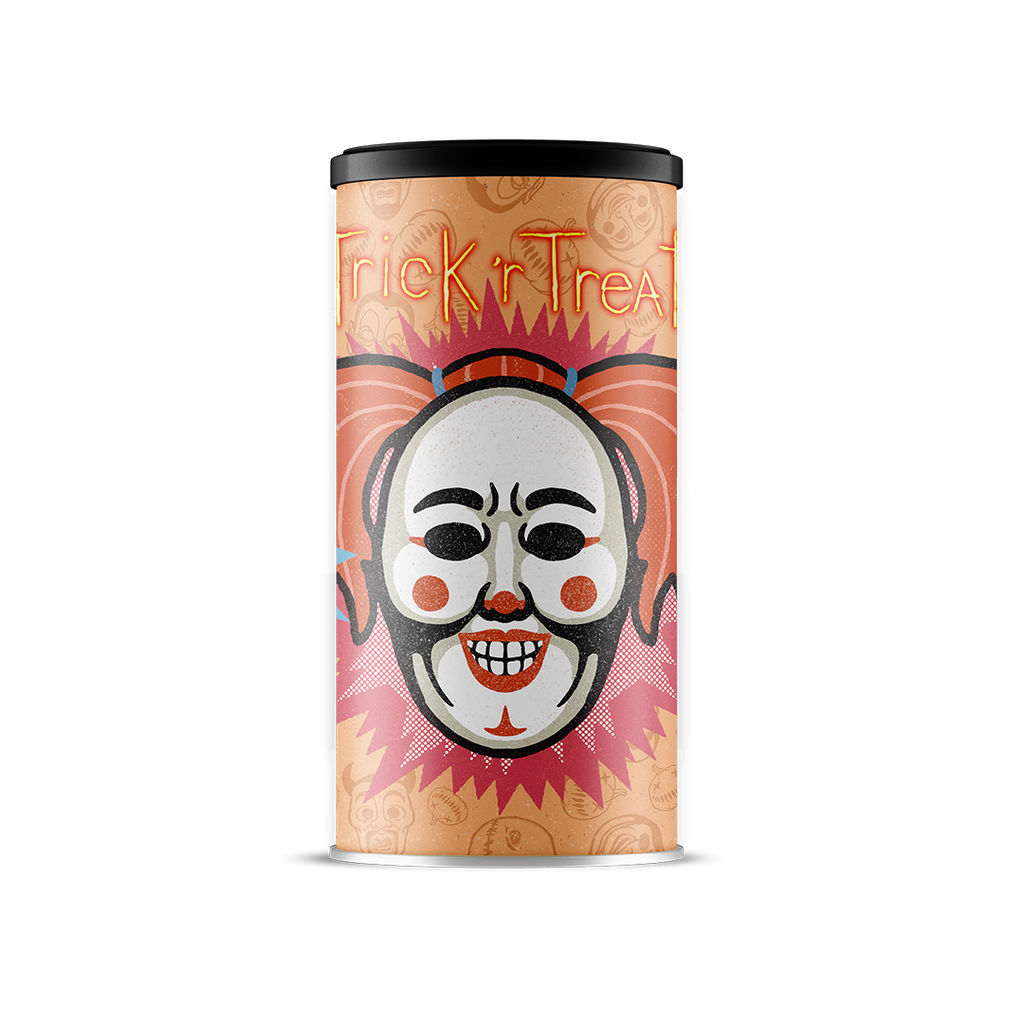 Canned hot cocoa drink with clown-faced mask illustration and neon Trick 'r Treat logo