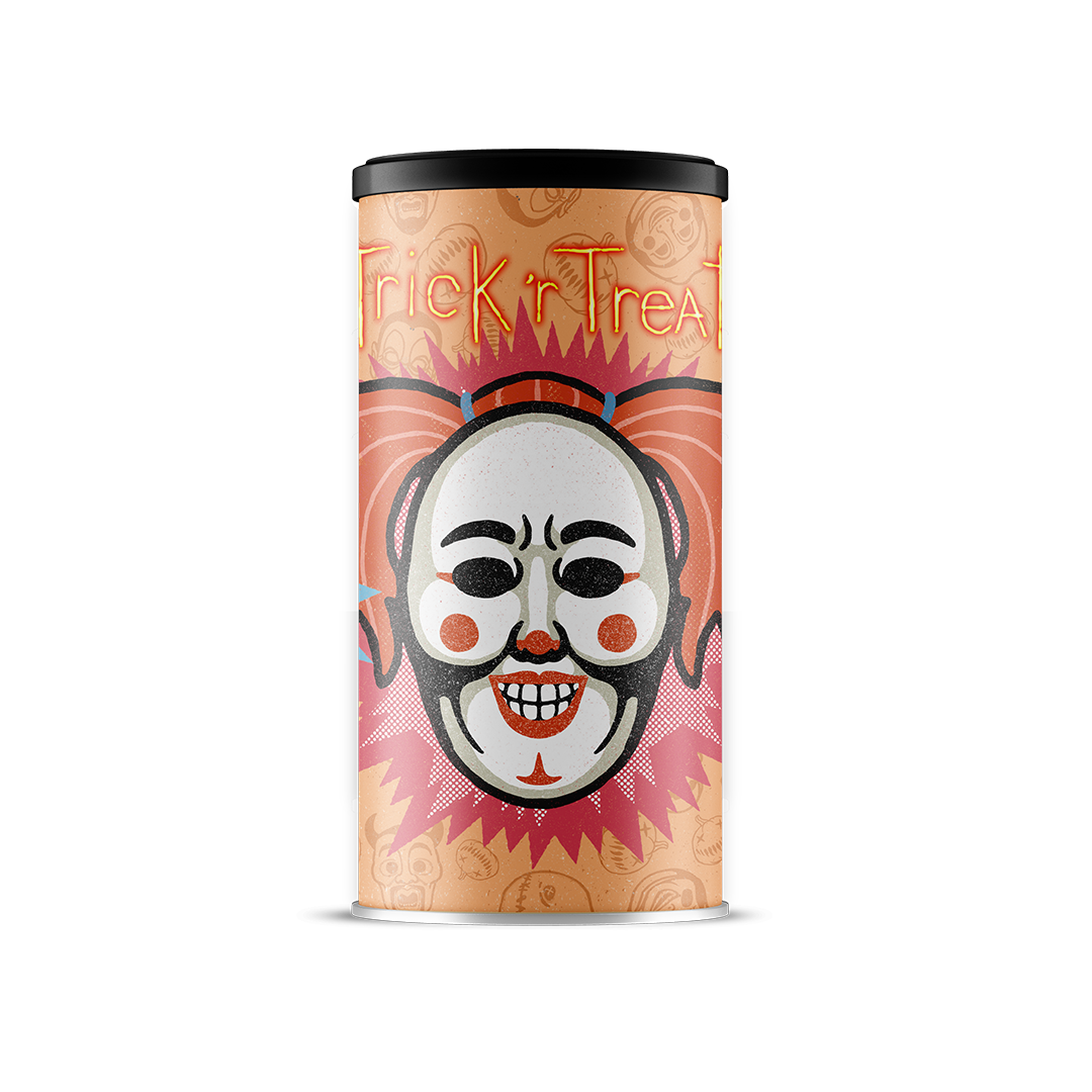 Canned hot cocoa drink with clown-faced mask illustration and neon Trick 'r Treat logo