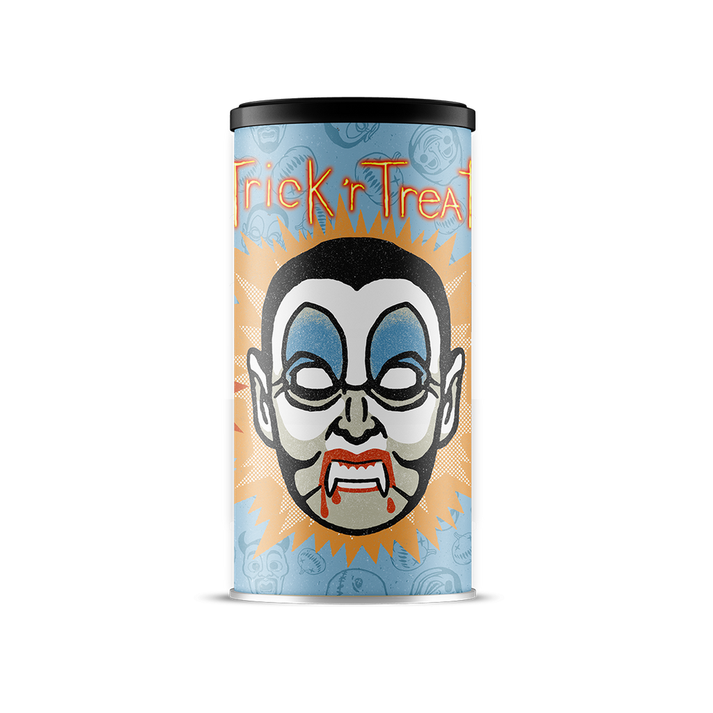 Canned hot cocoa drink with blue-toned clown mask and neon Trick 'r Treat logo