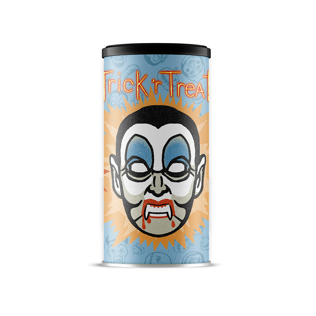 Canned hot cocoa drink with blue-toned clown mask and neon Trick 'r Treat logo