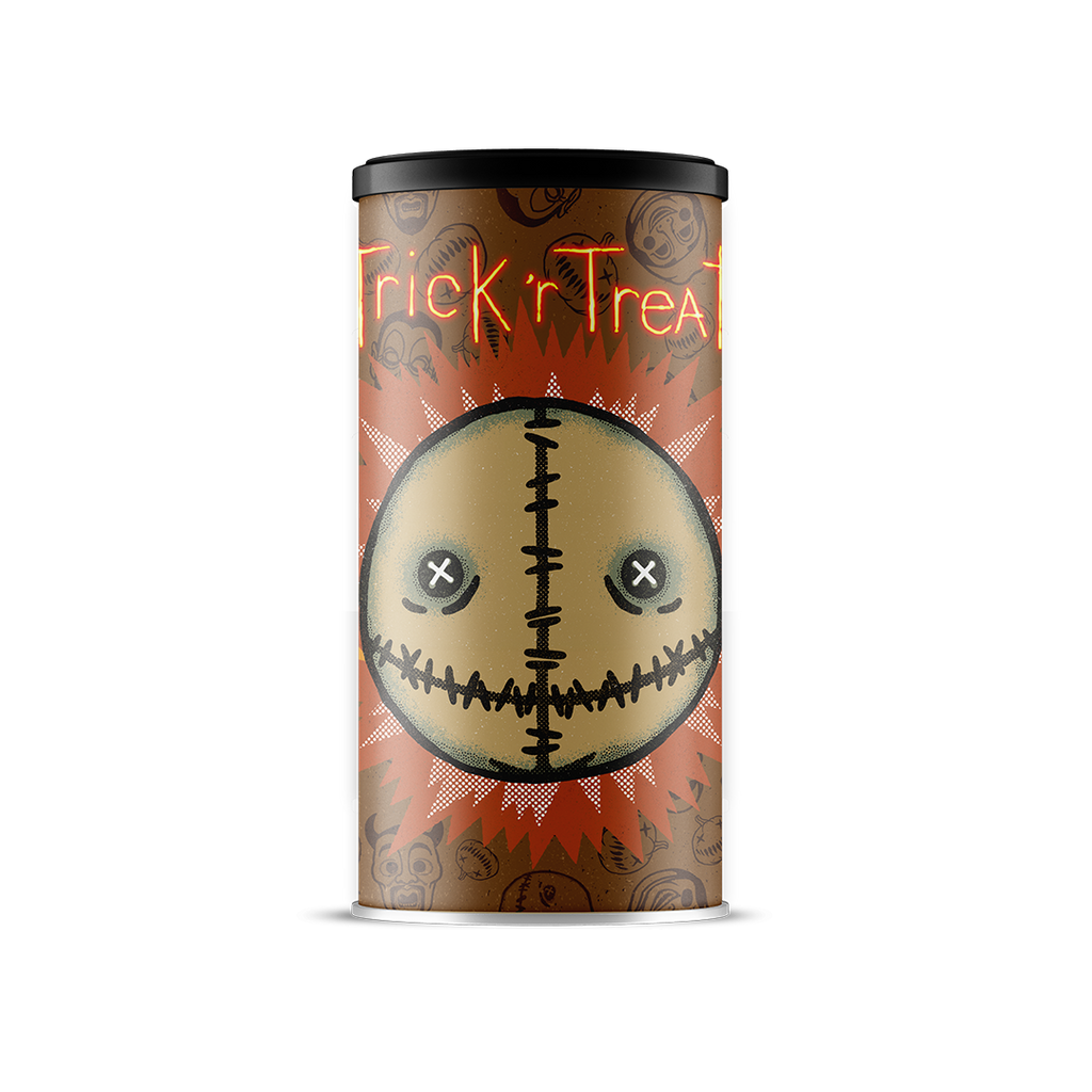 Canned hot cocoa drink with stitched zombie face design and neon Trick 'r Treat logo
