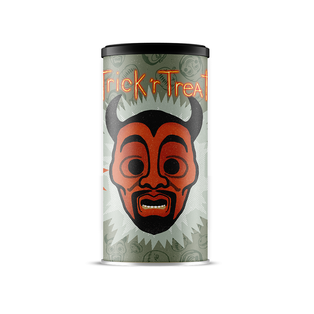 Canned hot cocoa drink with orange-faced clown mask and neon Trick 'r Treat logo