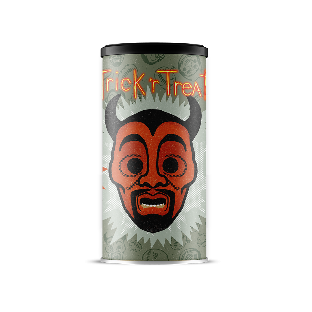 Canned hot cocoa drink with orange-faced clown mask and neon Trick 'r Treat logo