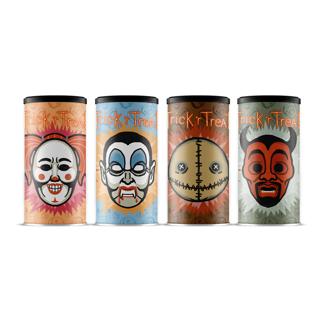 Set of four canned hot cocoa drinks with cartoon masks and neon Trick 'r Treat logo