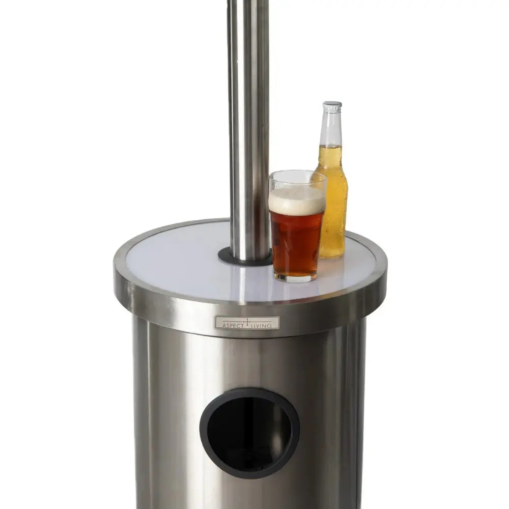 Stainless steel patio heater LED table with glass and bottle in central cutout