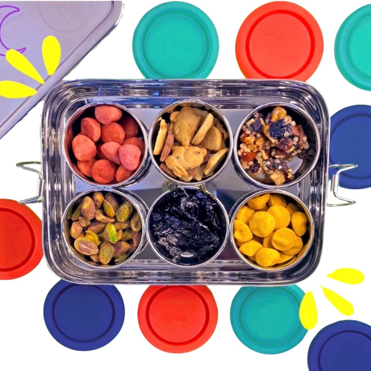 Stainless steel bento snack box with six round compartments and colorful food fillings