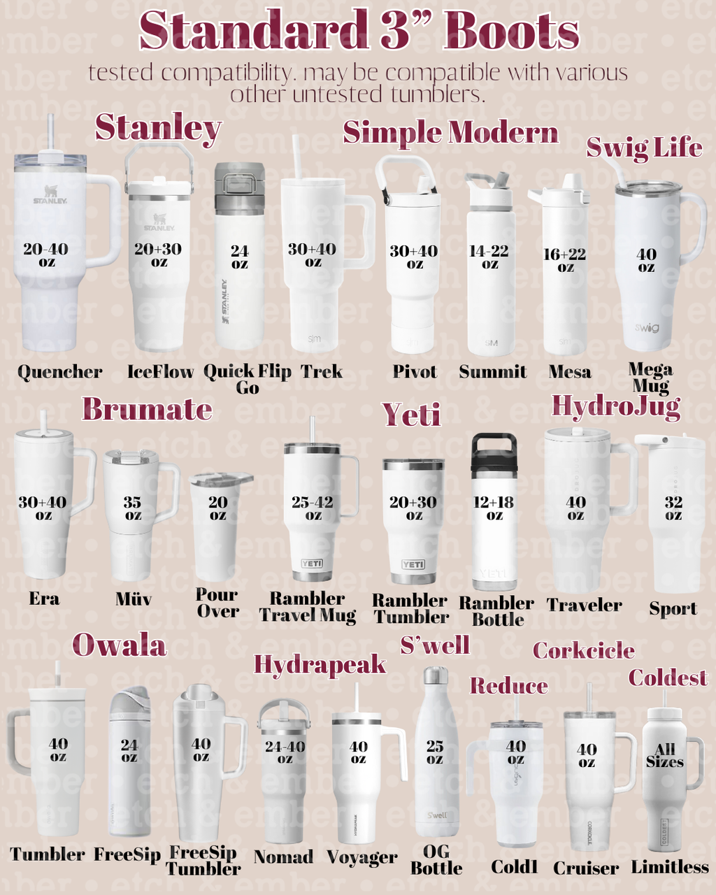 Fall-leaves bottle boot sleeves shown in multiple sizes on product display