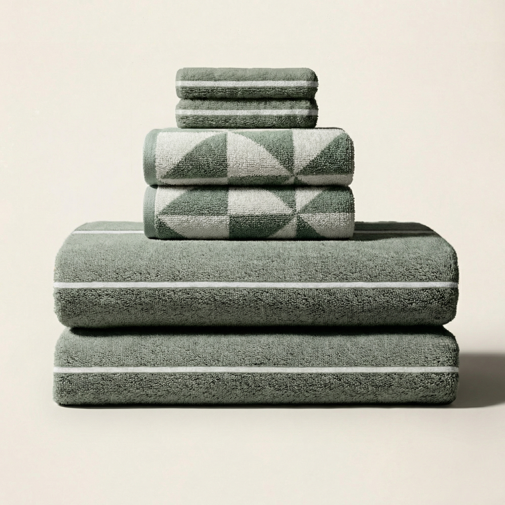 Stack of sage green towels with checker and geometric pattern