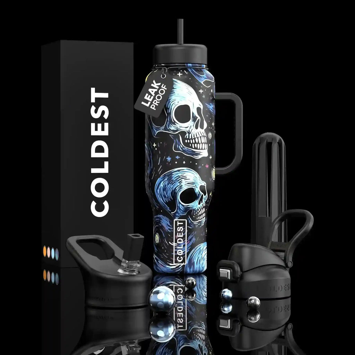 36oz insulated water bottle with handle, straw, and skull night graphic print