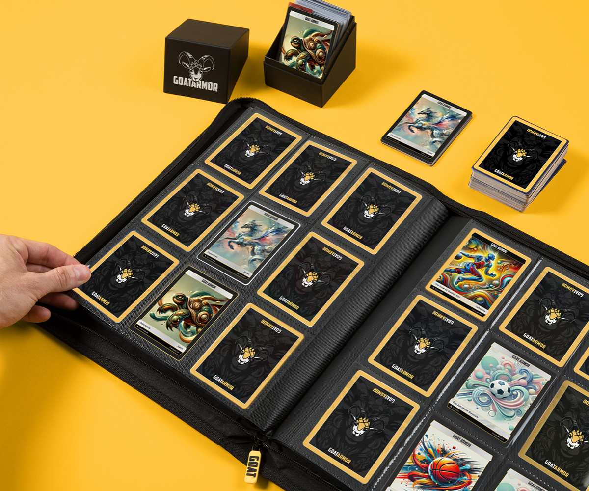 Card binder open with trading cards in grid sleeves and zippered inner layout.