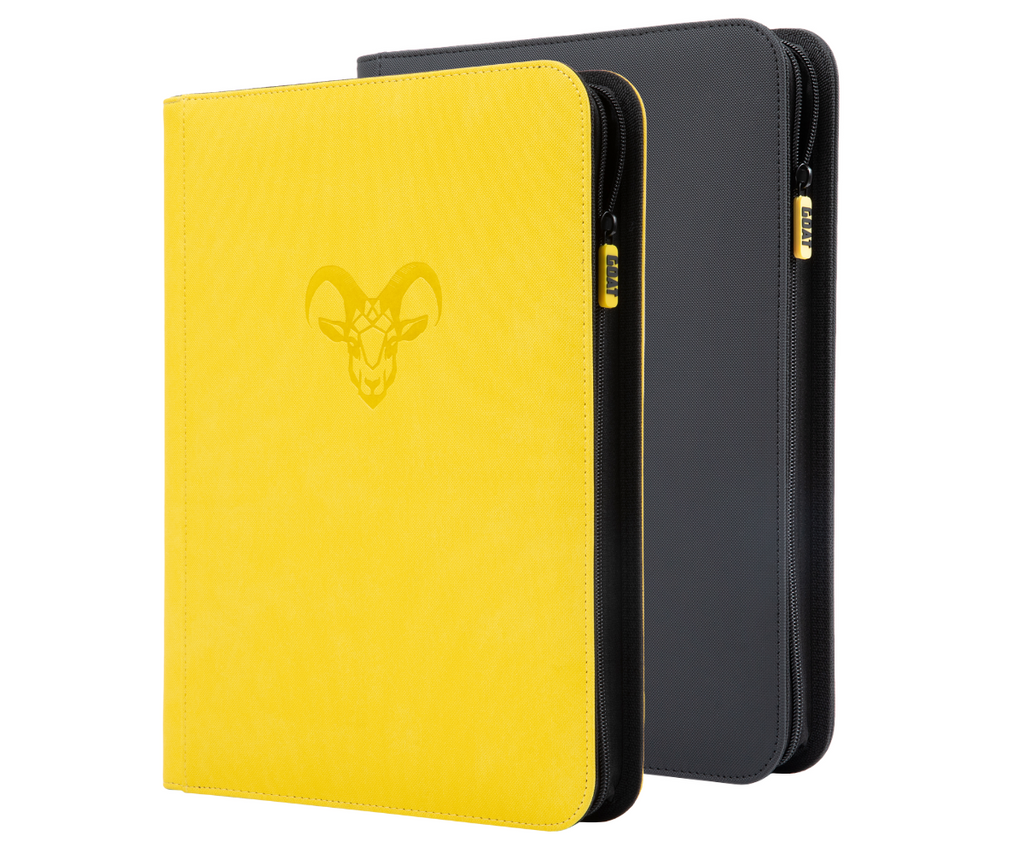 Yellow and black card binder with goat emblem and dual-color zip closure.