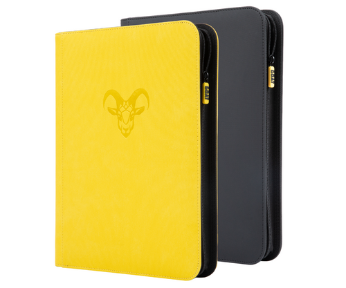 Yellow and black card binder with goat emblem and dual-color zip closure.
