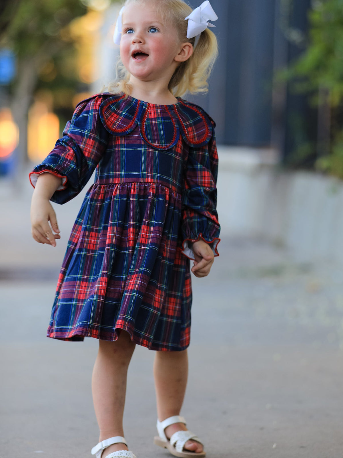 Girl plaid long-sleeve dress with petal collar, red navy green plaid, ruffle skirt hem