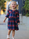 Girl plaid long-sleeve dress with petal collar and puff sleeves, red navy green plaid